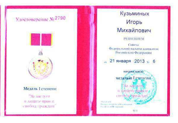 2013 год - Медаль I степени «За заслуги в защите прав и свобод граждан»